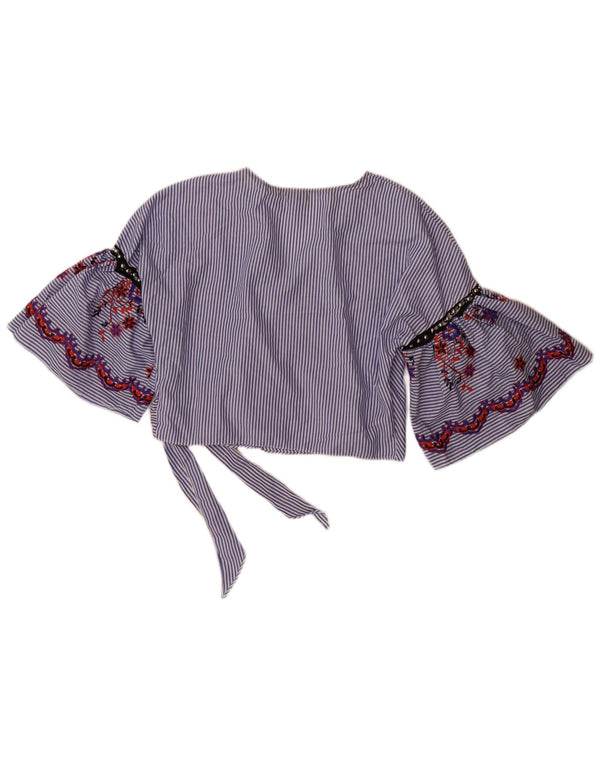 Topshop Γυναικείο πουκάμισο με μανίκια Crop 3/4 Μπλούζα UK 14 Large Blue ριγέ