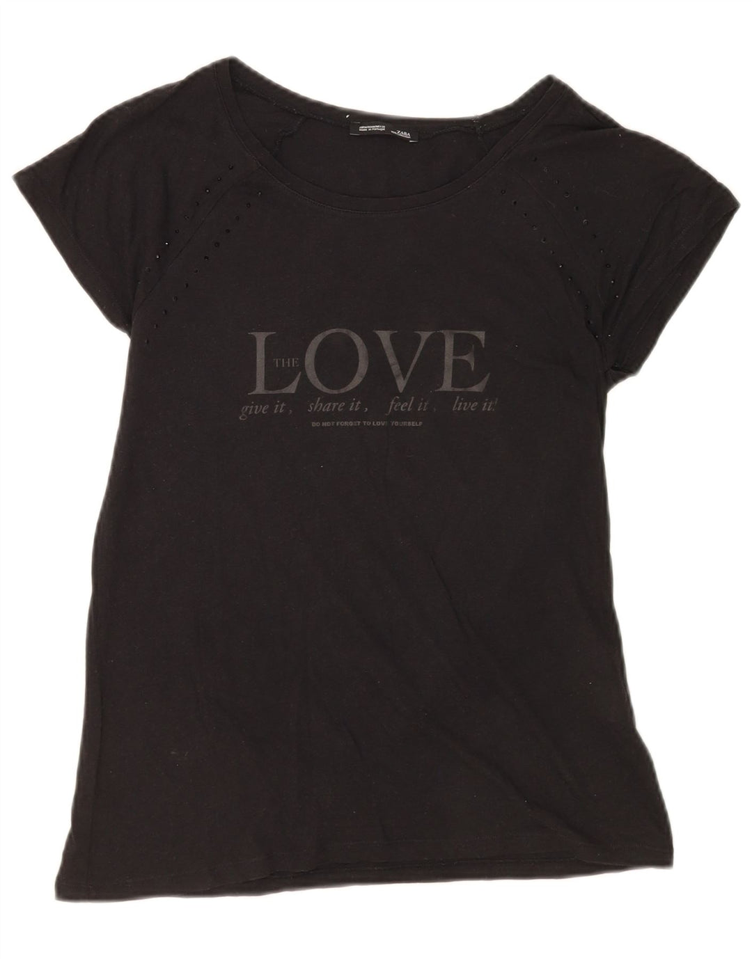 Zara Γυναικείο γραφικό T-Shirt Top UK 12 Μεσαίο μαύρο βαμβακερό