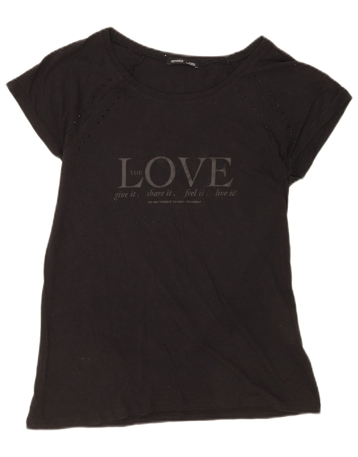 Zara Γυναικείο γραφικό T-Shirt Top UK 12 Μεσαίο μαύρο βαμβακερό