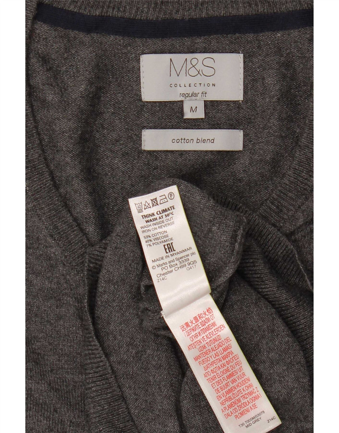 Marks & Spencer Ανδρικό πουλόβερ με κανονική εφαρμογή με λαιμόκοψη σε μεσαίο βαμβακερό γκρι
