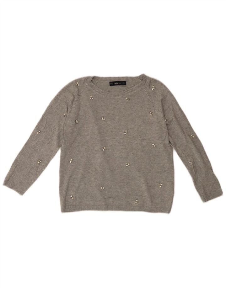 ZARA Γυναικείο 3/4 μανίκι πουλόβερ με λαιμόκοψη UK 10 Small Grey Viscose