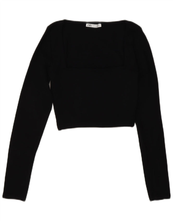 Zara Womens Crop Top Long Sleeve UK 8 Small Black Cotton