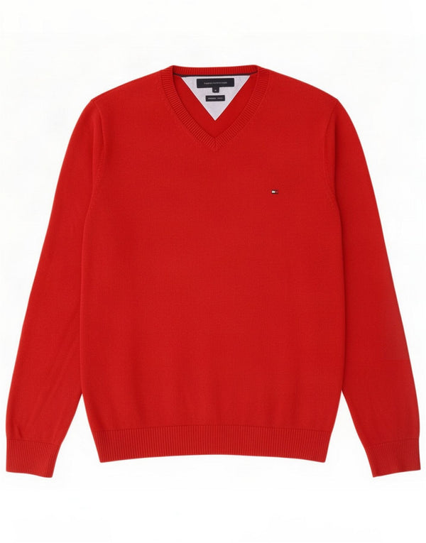 Ανδρικό πουλόβερ Tommy Hilfiger με V λαιμόκοψη, μεσαίο κόκκινο βαμβακερό