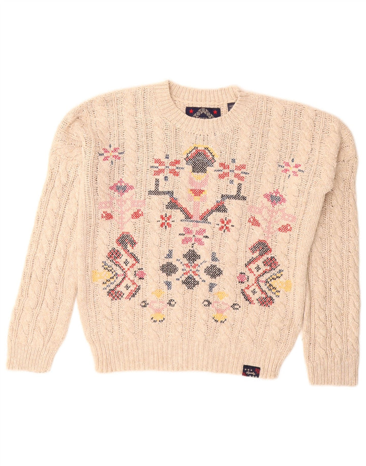 Superdry γυναικείο πουλόβερ με λαιμόκοψη UK 8 Small Off White Fair Isle