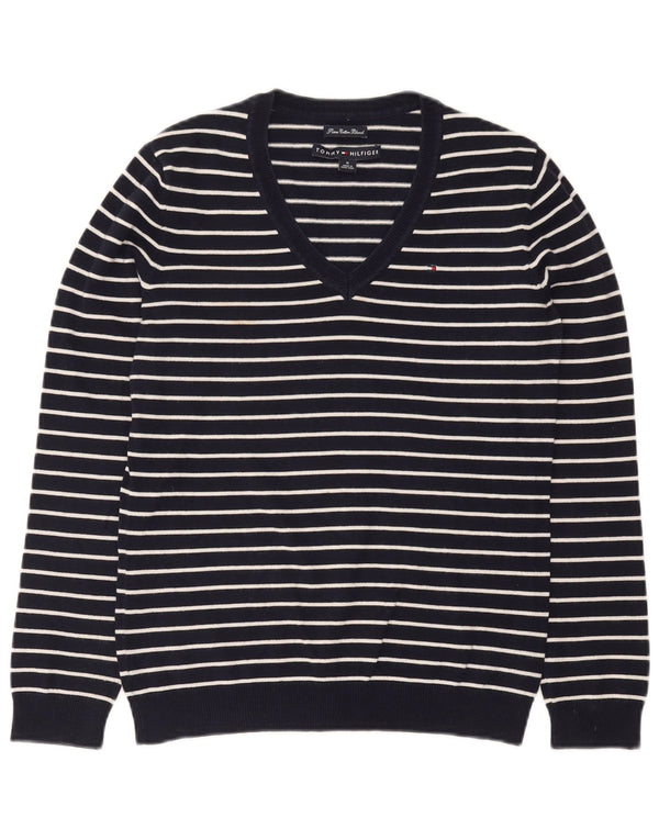 Tommy Hilfiger γυναικείο πουλόβερ με λαιμόκοψη με V λαιμόκοψη UK 14 Medium Navy Blue ριγέ