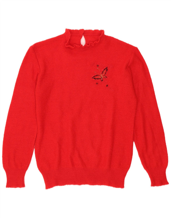 Vintage γυναικείο πουλόβερ με λαιμό χελώνα UK 14 Medium Red Butterfly