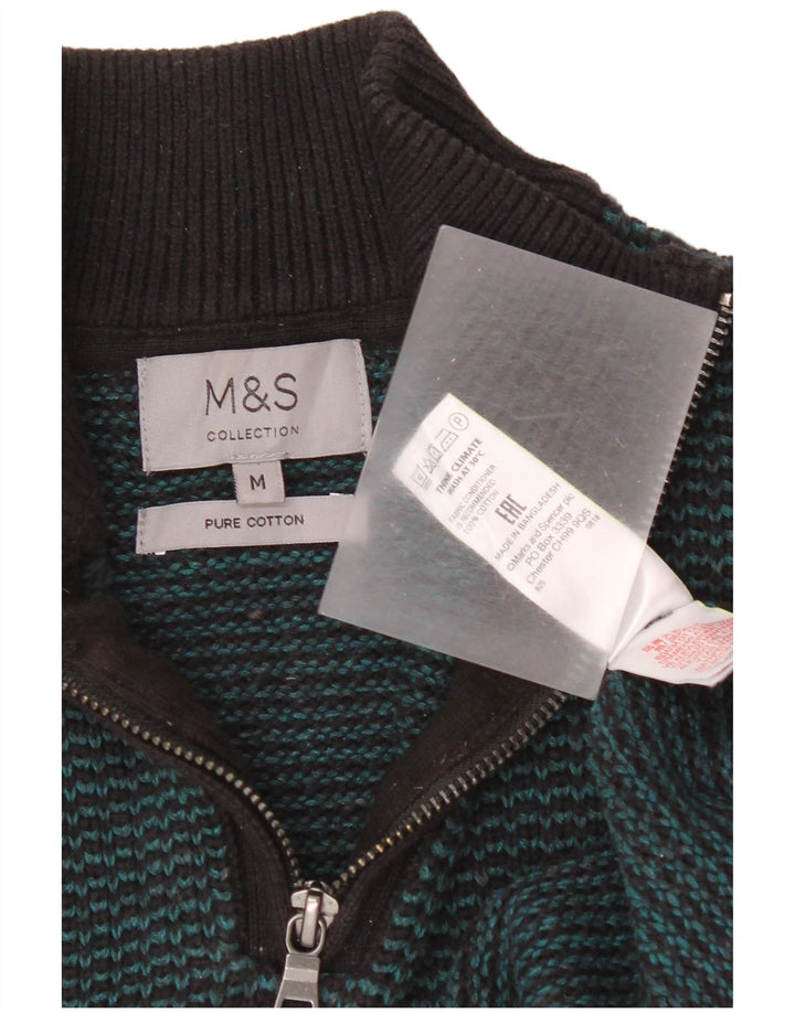 Ανδρικό πουλόβερ με φερμουάρ Marks & Spencer Βαμβακερό μεσαίο πράσινο ριγέ