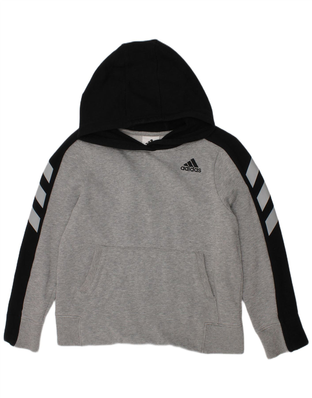 ADIDAS Boys Graphic Hoodie Jumper 7-8 Years Small Grey Colourblock Cotton