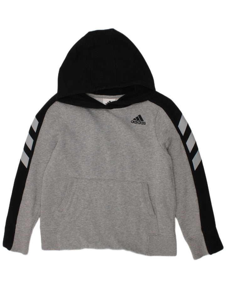 ADIDAS Boys Graphic Hoodie Jumper 7-8 Years Small Grey Colourblock Cotton