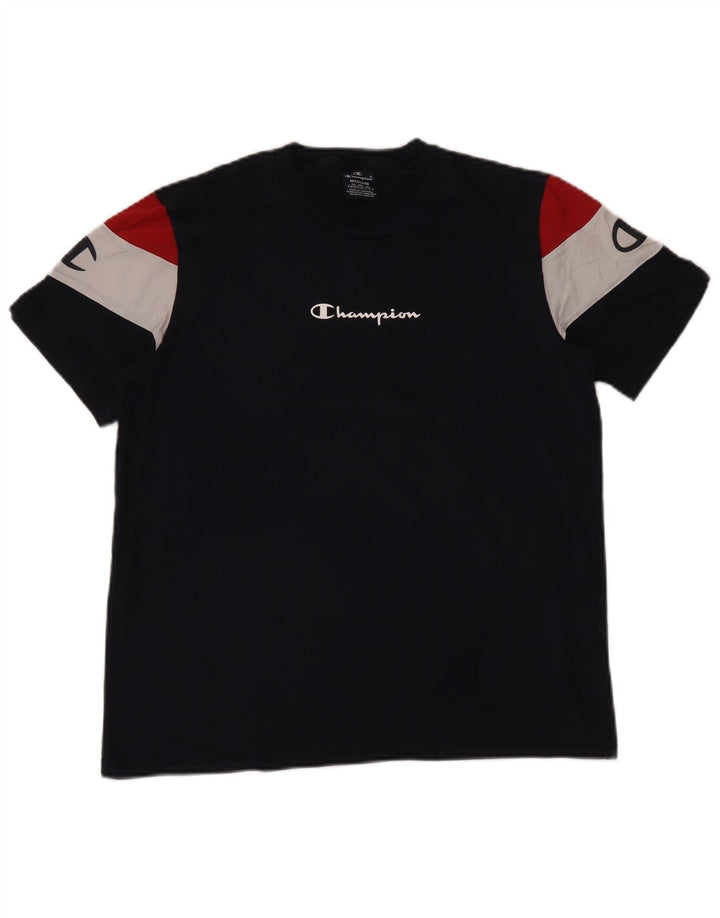 CHAMPION Γυναικείο γραφικό T-shirt Top UK 14 Medium Navy Blue Colourblock