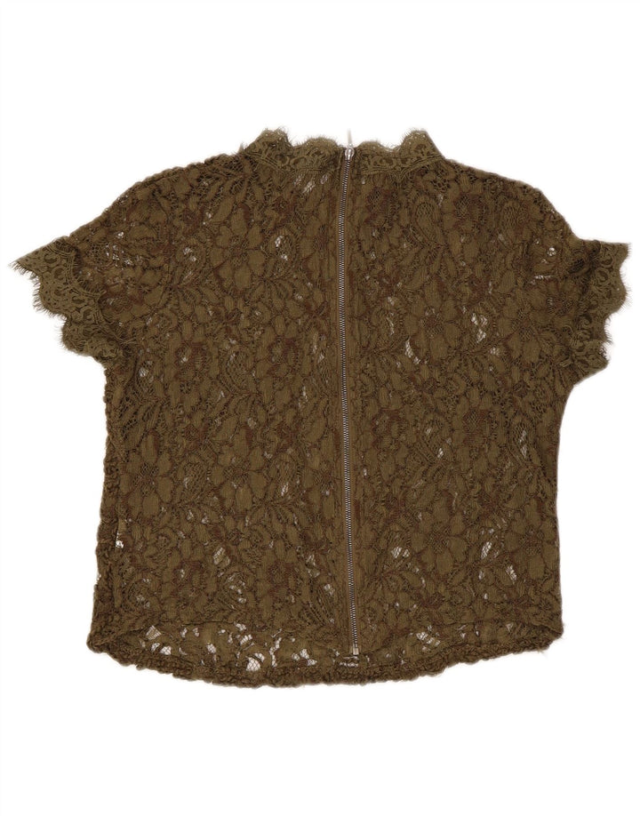 Zara Γυναικεία Δαντέλα See Through Μπλούζα Top UK 8 Small Khaki