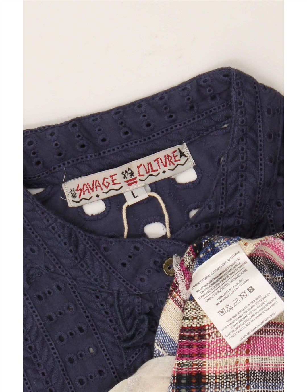 Vintage γυναικείο βολάν μπροστινό φόρεμα UK 14 Large Navy Blue Patchwork