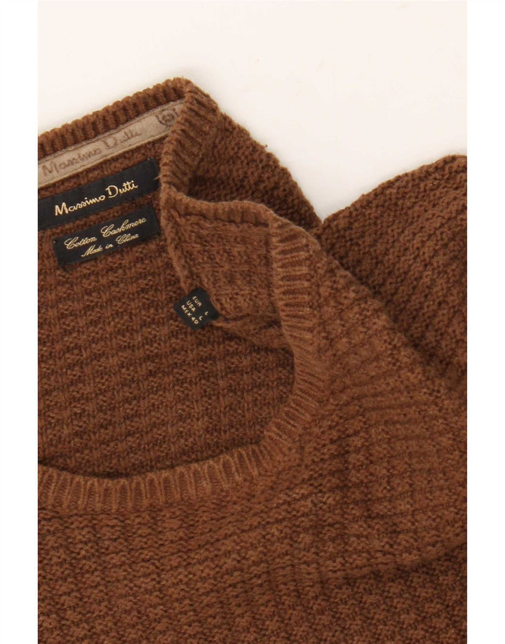 Massimo Dutti Ανδρικό πουλόβερ με λαιμόκοψη, μεγάλο καφέ βαμβακερό