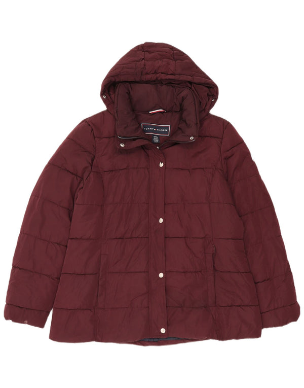 Tommy Hilfiger Womens Hooded Padded Jacket UK 16 Large Burgundy Polyester