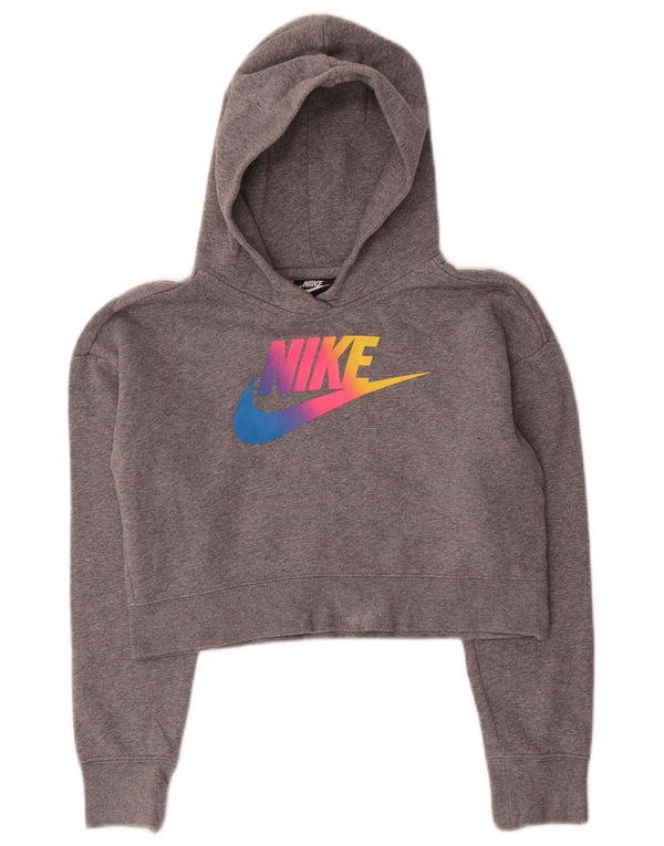 Nike Girls Graphic Crop Hoodie Jumper 12-13 Years Large Grey