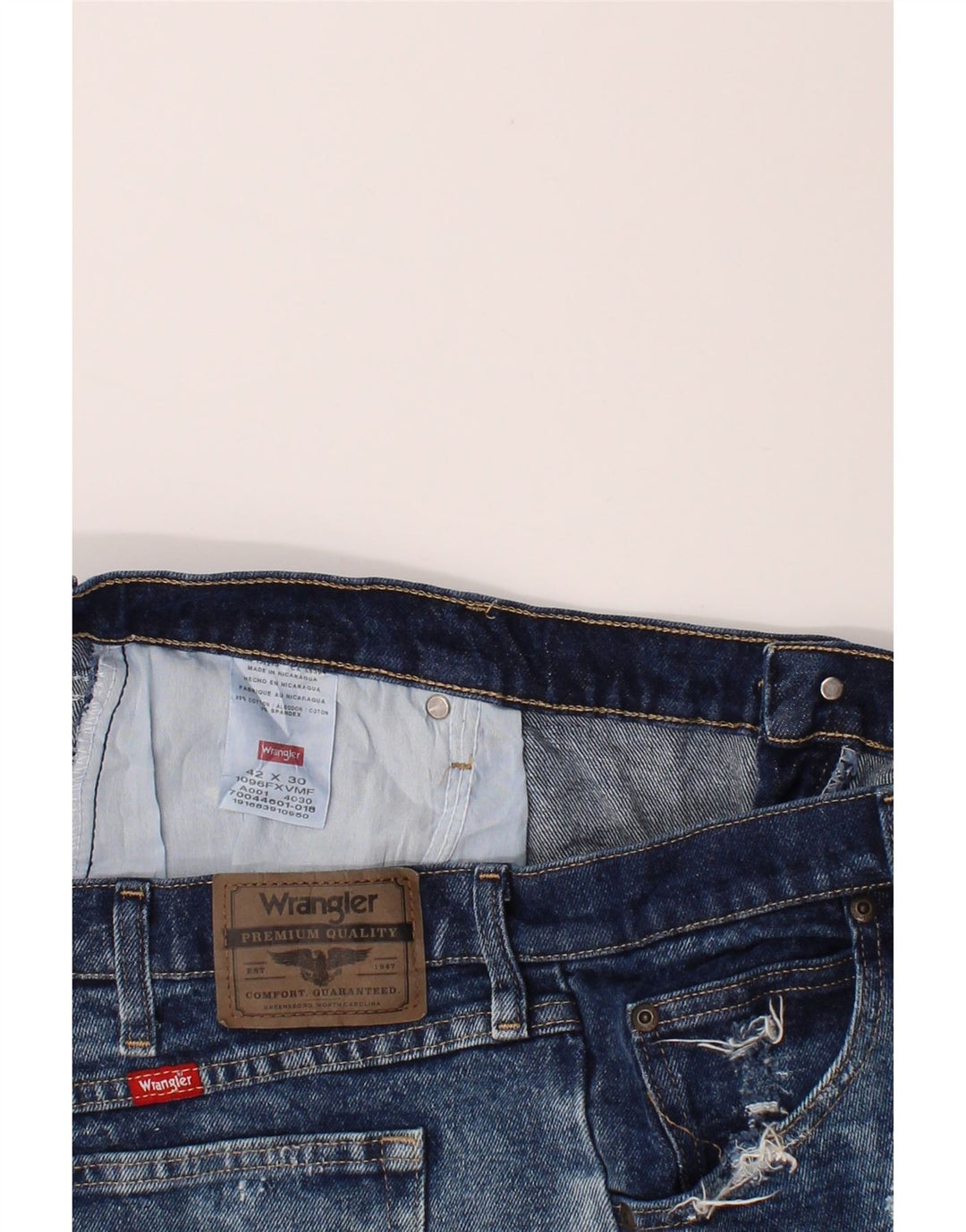 WRANGLER Mens Distressed Denim Shorts W42 2XL Blue Cotton Vintage Wrangler and Second-Hand Wrangler from Messina Hembry 