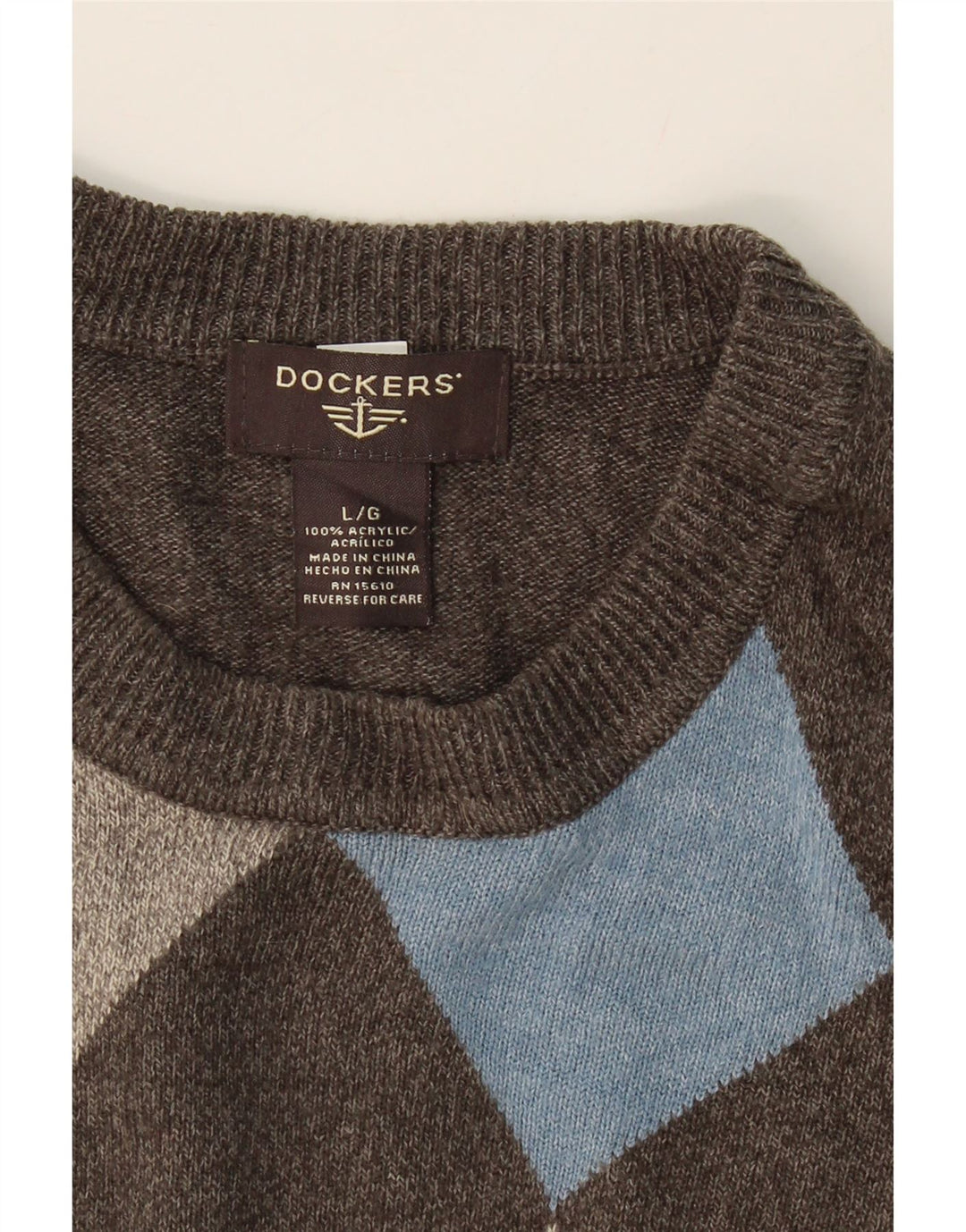 DOCKERS Mens Crew Neck Jumper Sweater Large Grey Argyle/Diamond Acrylic Vintage Dockers and Second-Hand Dockers from Messina Hembry 