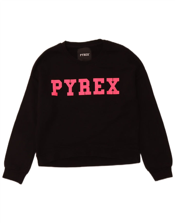 PYREX Womens Oversized Crop Graphic Sweatshirt Jumper UK 10 Small Black