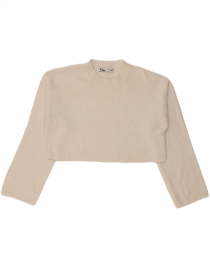 Zara Γυναικείο πουλόβερ με λαιμόκοψη Crop Crop UK 14 Medium White Nylon