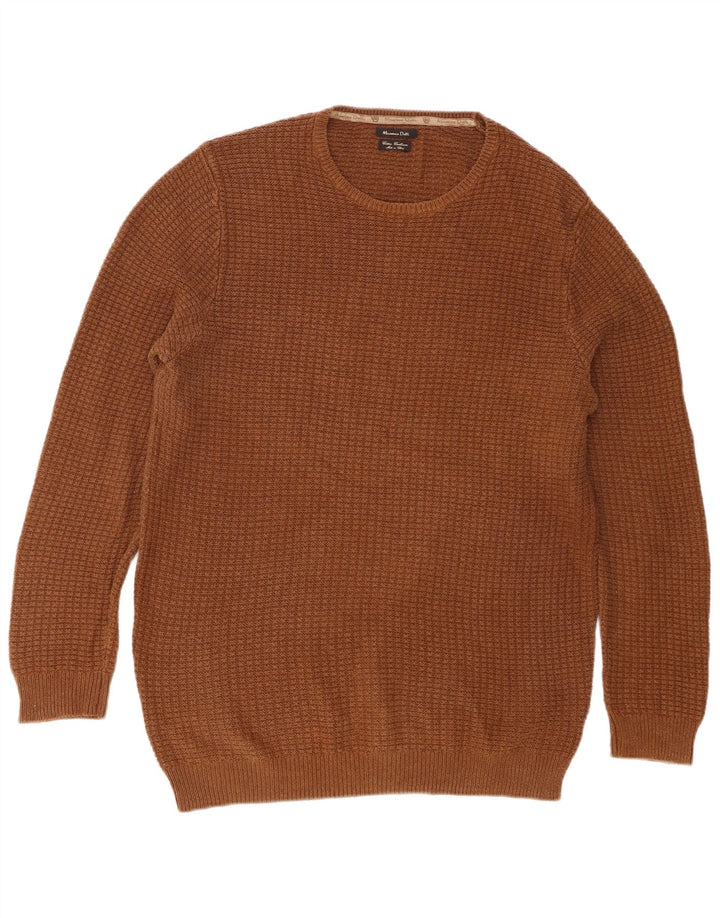 Massimo Dutti Ανδρικό πουλόβερ με λαιμόκοψη, μεγάλο καφέ βαμβακερό