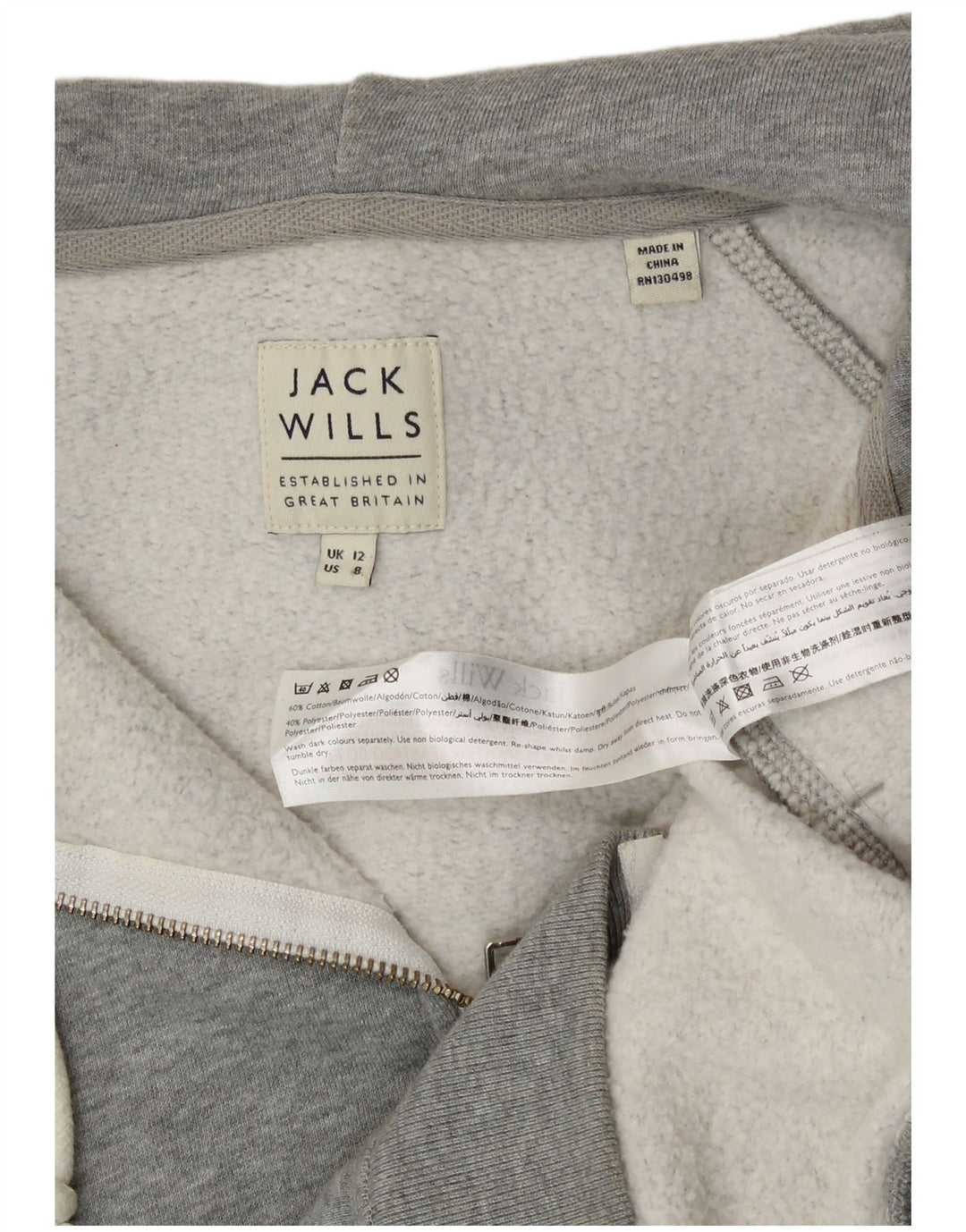 Jack Wills Γυναικείο πουλόβερ με κουκούλα με φερμουάρ UK 12 μεσαίο βαμβακερό γκρι