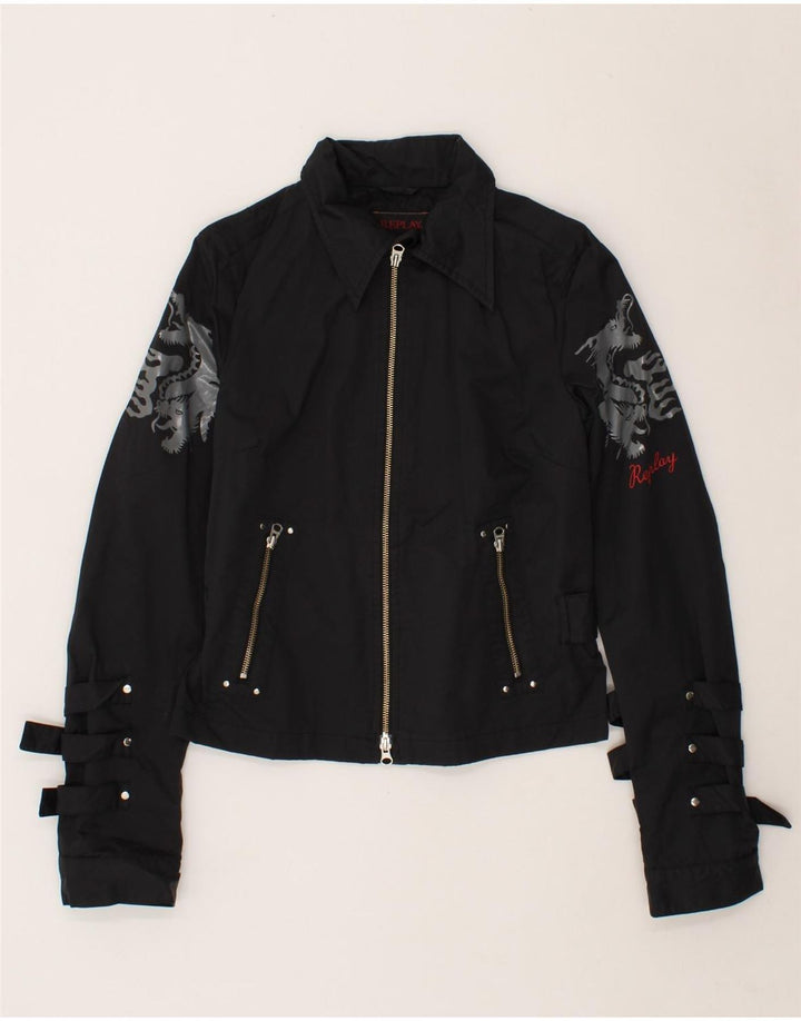 REPLAY Γυναικείο Graphic Bomber Jacket UK 14 Large Black Cotton