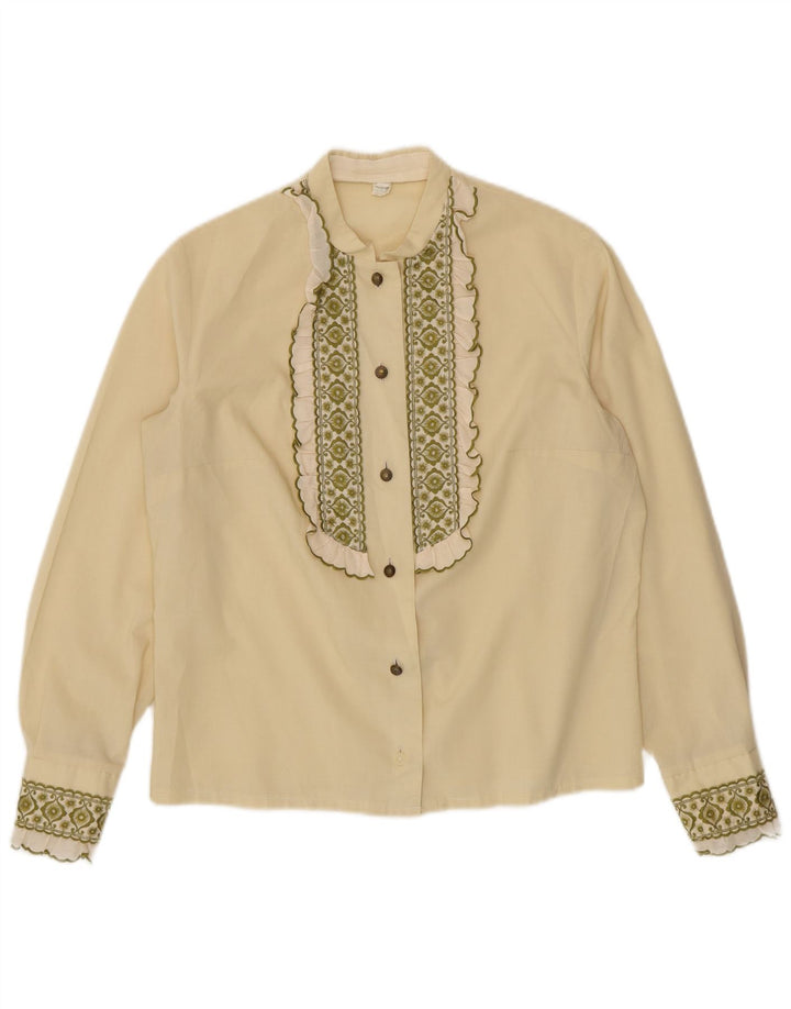 Vintage γυναικείο βολάν μπλούζα μπροστινό UK 14 Medium Off White Floral