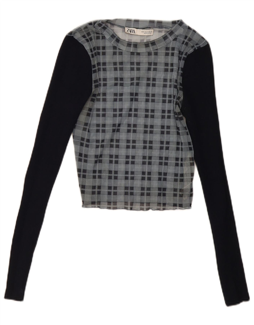 Γυναικεία Zara Crop μακρυμάνικη μπλούζα τοπ UK 8 Small Navy Blue Check