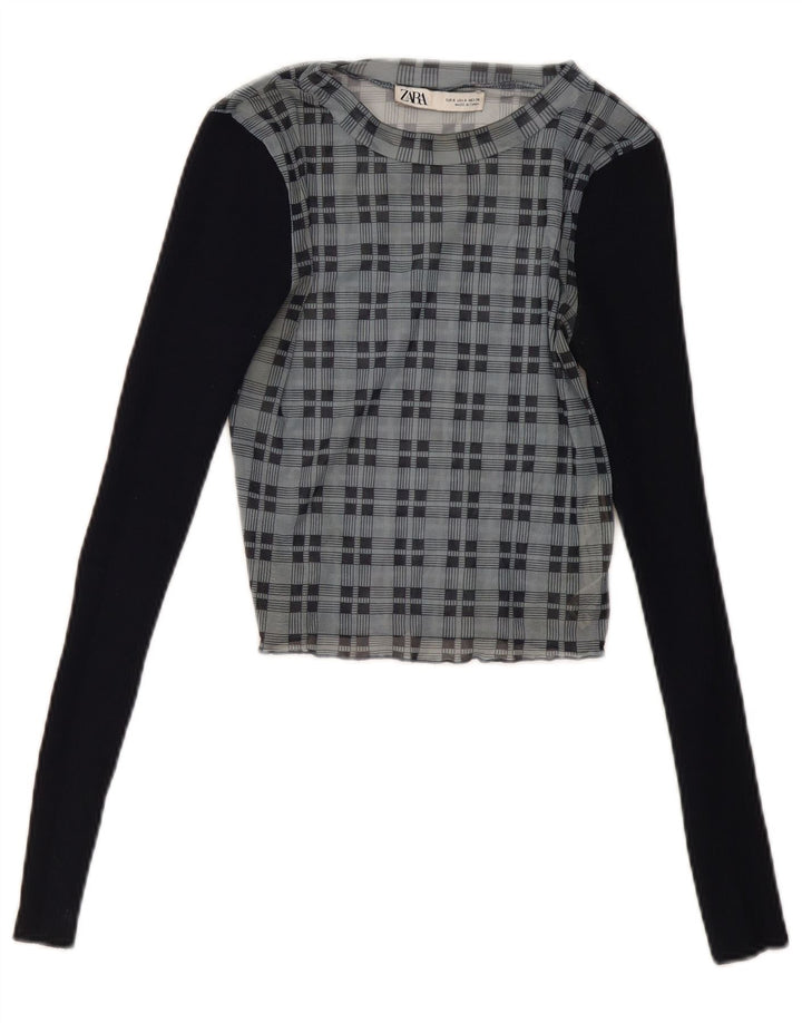 Γυναικεία Zara Crop μακρυμάνικη μπλούζα τοπ UK 8 Small Navy Blue Check