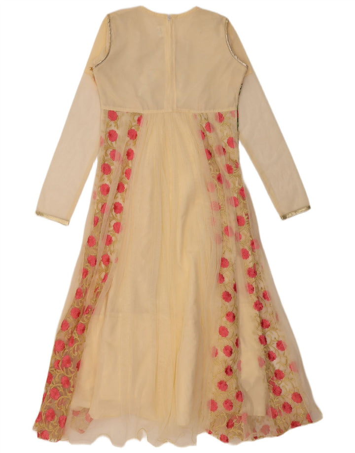 VINTAGE Γυναικείο μακρυμάνικο φόρεμα Α-γραμμή US 6 Μεσαίο Μπεζ Φλοράλ