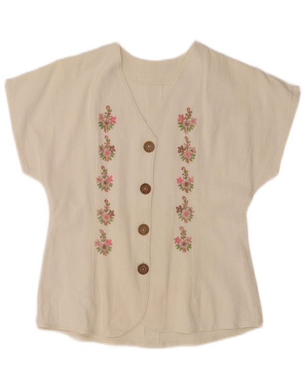 Vintage Womens Short Sleeve Shirt Blouse UK 10 Small Off White Floral