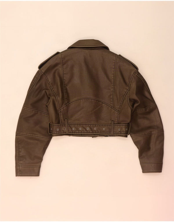 Zara Γυναικείο τζάκετ Biker από συνθετικό δέρμα Crop UK 10 Small Khaki Polyethylene