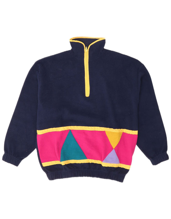 Vintage γυναικείο φερμουάρ Fleece Jumper UK 16 Large Navy Blue Geometric