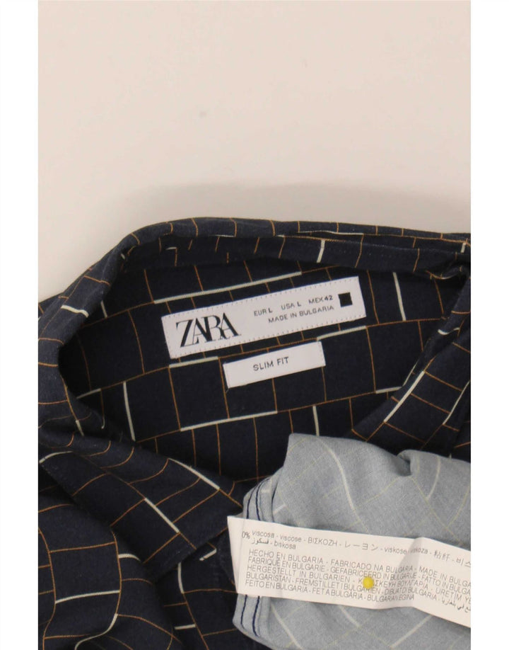 Ανδρικό πουκάμισο Zara Slim Fit Large Navy Blue Check Viscose
