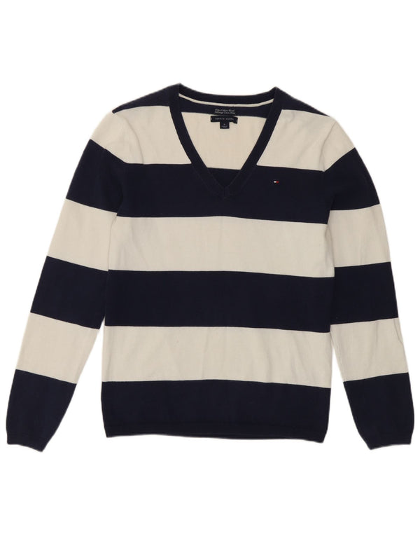 Tommy Hilfiger γυναικείο πουλόβερ με λαιμόκοψη με V λαιμόκοψη UK 12 Medium Navy Blue ριγέ