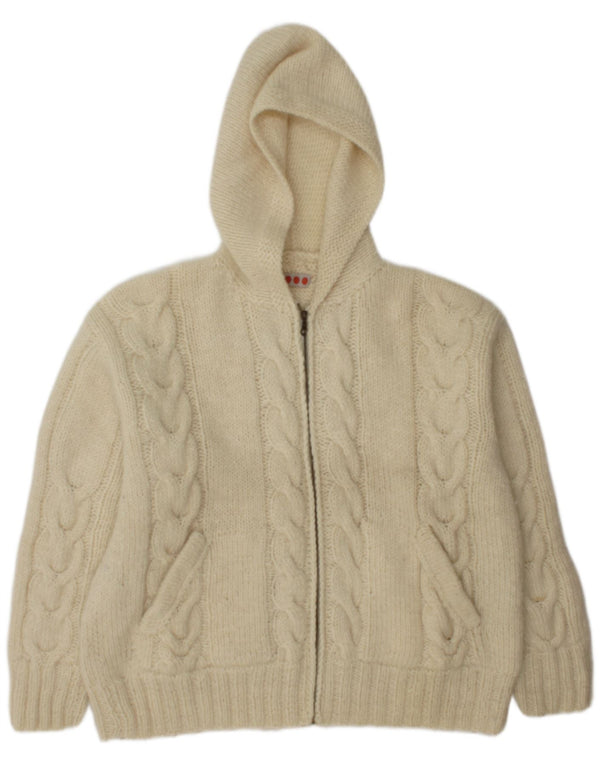 Vintage Mens Hooded Cardigan Sweater Large Off White Wool