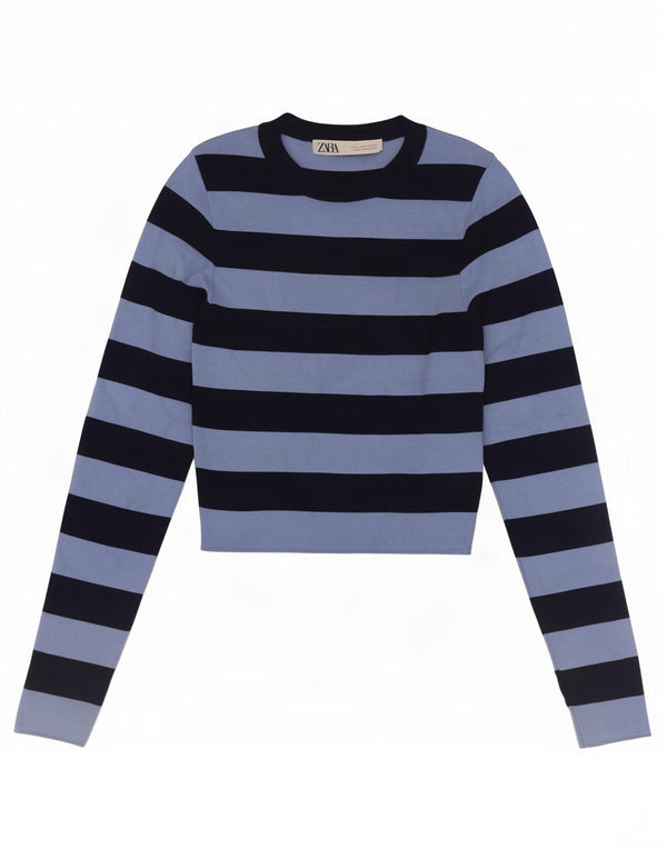 Zara Γυναικείο Crop Top Μακρυμάνικο UK 8 Μικρό Μπλε Ριγέ