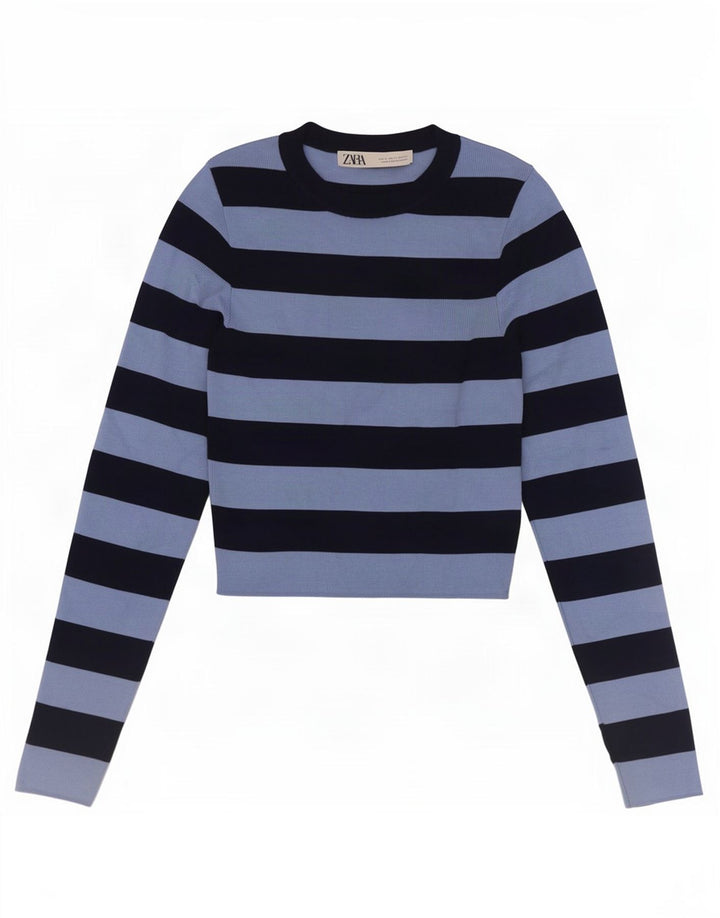 Zara Γυναικείο Crop Top Μακρυμάνικο UK 8 Μικρό Μπλε Ριγέ