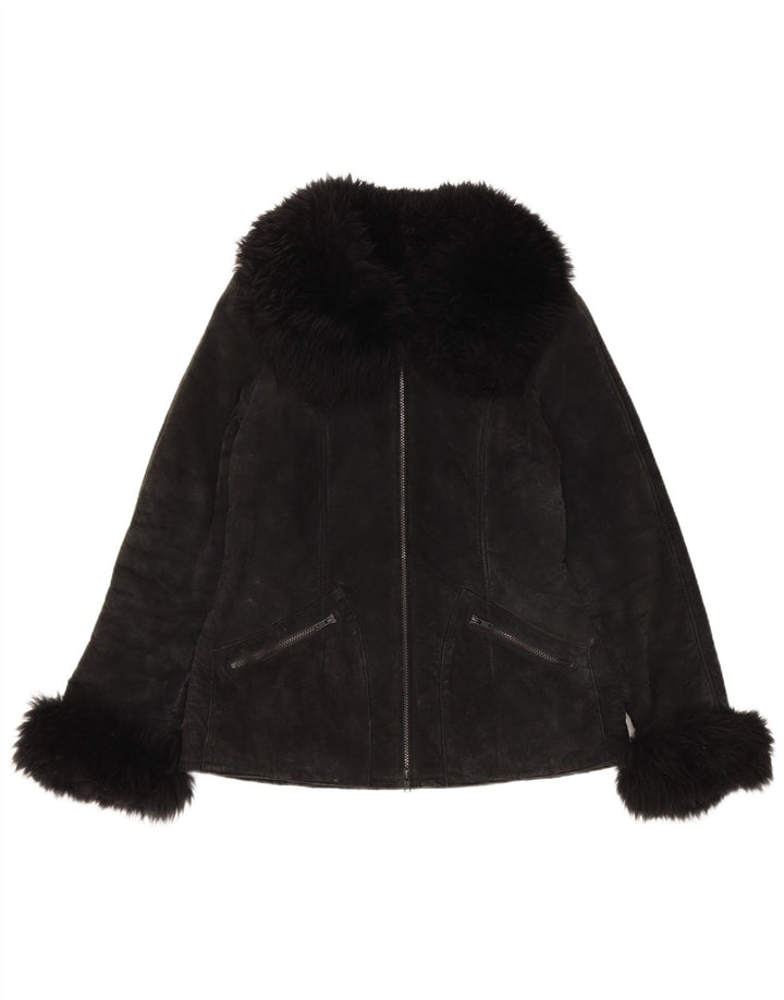 Vintage γυναικείο σακάκι Sherpa Suede UK 10 Small μαύρο δέρμα