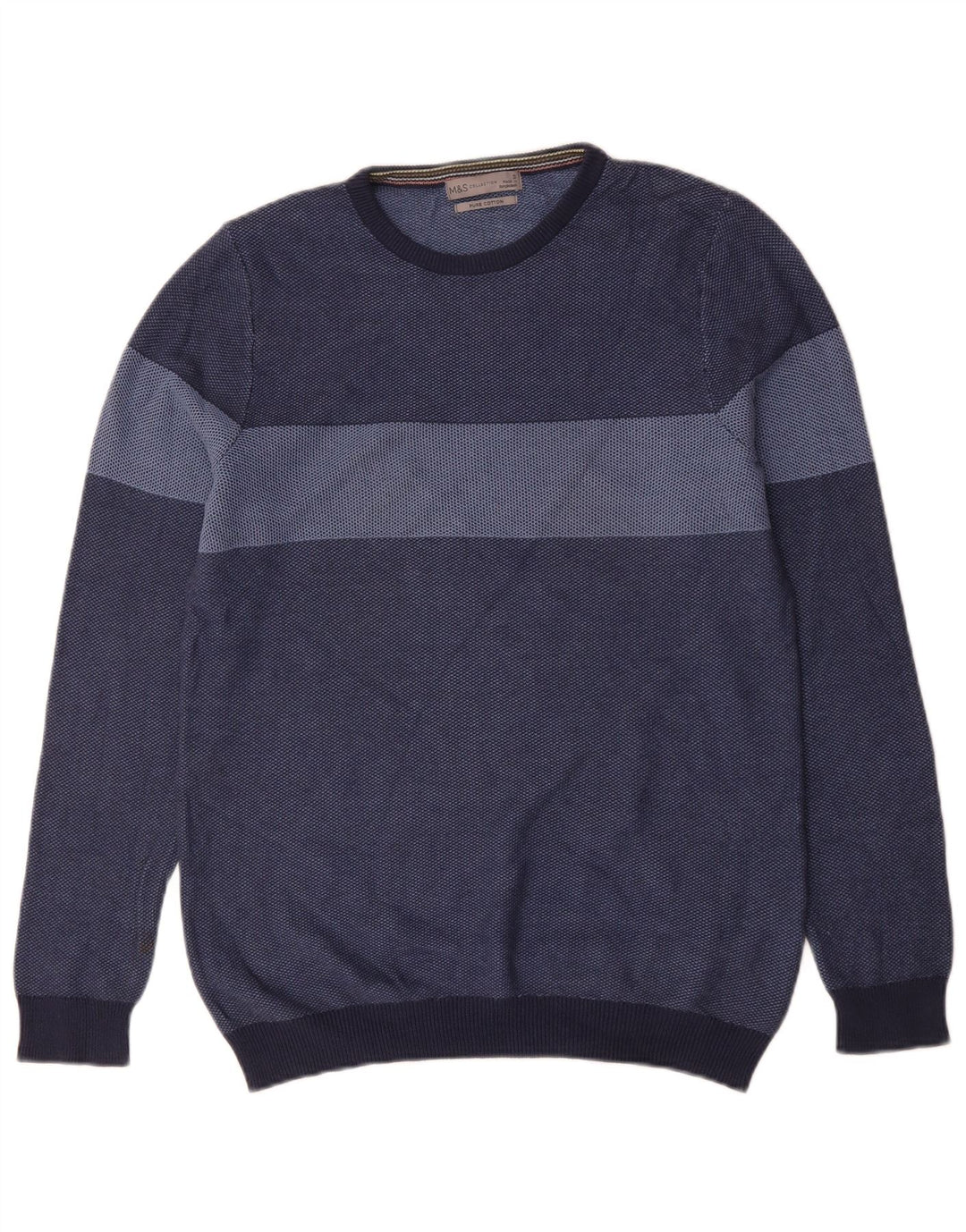 MARKS & SPENCER Mens Crew Neck Jumper Sweater Small Navy Blue Striped