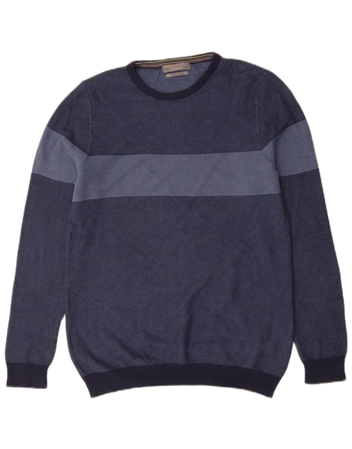 MARKS & SPENCER Mens Crew Neck Jumper Sweater Small Navy Blue Striped