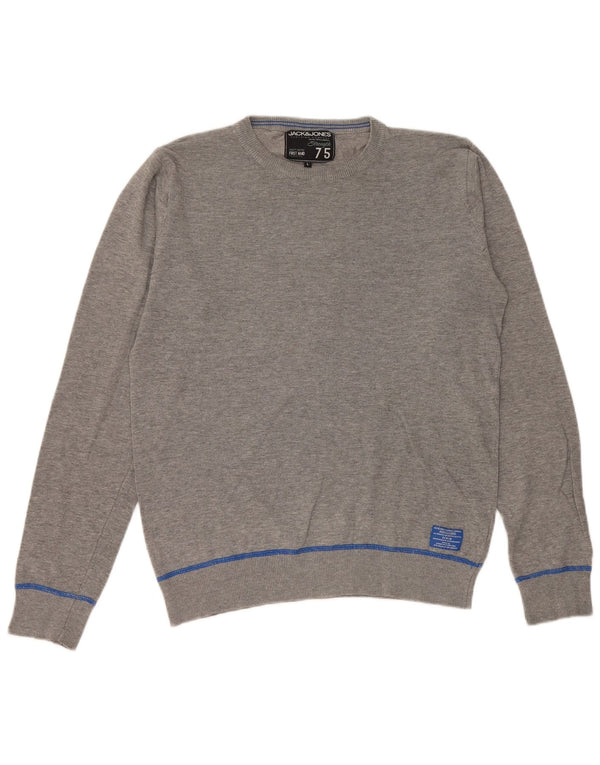 JACK & JONES Ανδρικό πουλόβερ με λαιμόκοψη μεγάλο γκρι βαμβακερό ριγέ