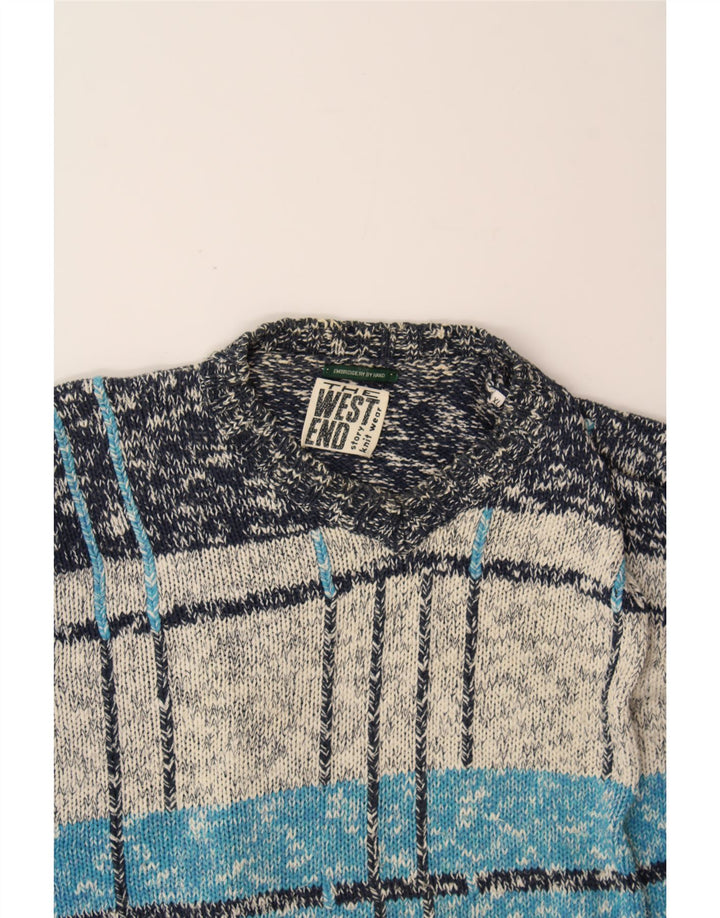 WEST END Mens V-Neck Jumper Sweater XL Blue Check Ramie Vintage West End and Second-Hand West End from Messina Hembry 