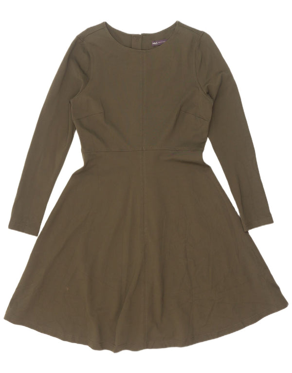 Marks & Spencer Womens Long Sleeve A-Line Dress UK 12 Medium Khaki Viscose
