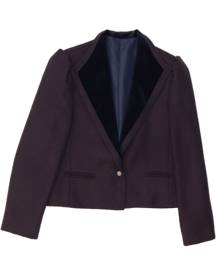 MONA Womens 1 Button Blazer Jacket UK 14 Medium Navy Blue Check Wool Vintage Mona and Second-Hand Mona from Messina Hembry 