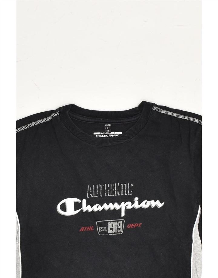 CHAMPION Boys Graphic Top Long Sleeve 7-8 Years Smal Black Colourblock | Vintage Champion | Thrift | Second-Hand Champion | Used Clothing | Messina Hembry 