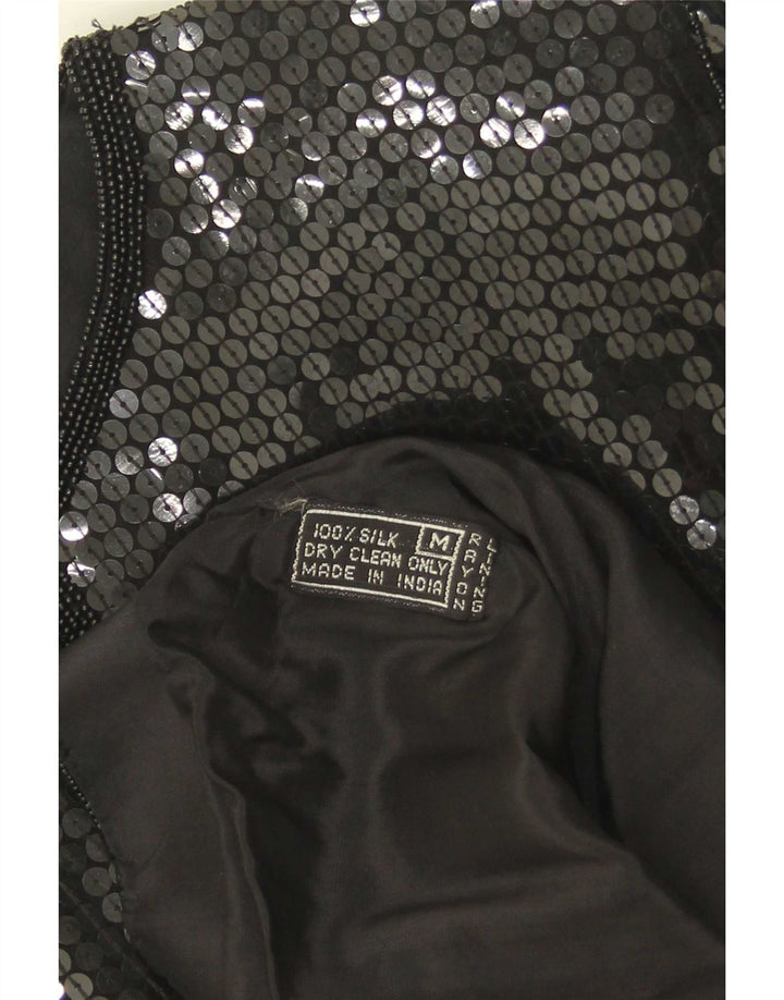 Vintage γυναικεία παγιέτα μπλούζα UK 14 Medium Black Silk