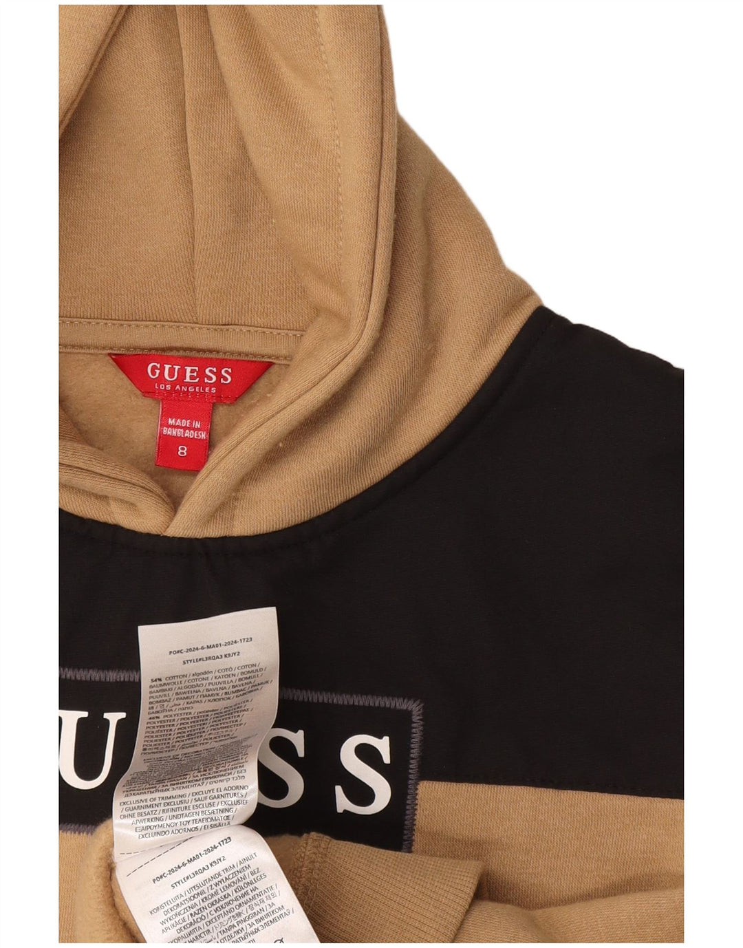 GUESS Boys Graphic Hoodie Jumper 7-8 Years Beige Colourblock Cotton