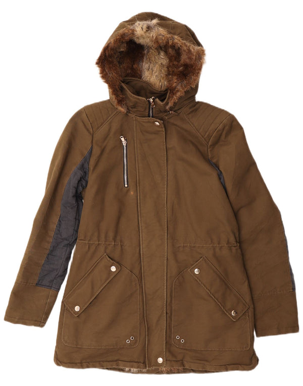Zara Γυναικείο Trafaluc Faux Fur Parka Jacket UK 10 Small Khaki Colourblock