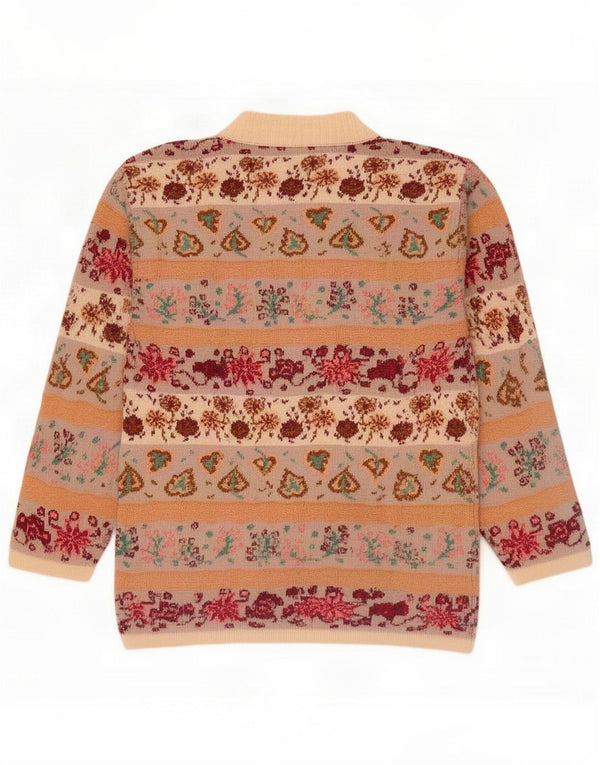 Vintage Womens Crew Neck Jumper πουλόβερ UK 16 Large Beige Floral Acrylic